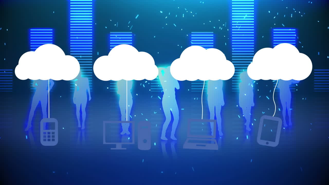 구름과 디지털 아이콘의 애니메이션, 그래픽 음악 이 ⁇ 라이저에 춤추는 여성