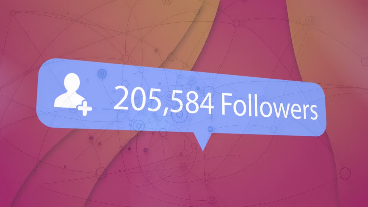 Animation of social media followers notification over communication network, on orange and red