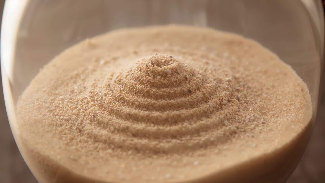 Fine sand grains descending into glass vessel on table forming conical mound with rings under flow