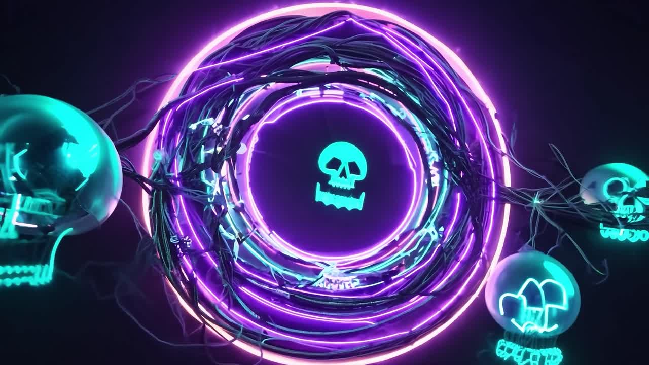 회전하는 두개골과 호박과 함께 반이는 네온 불빛은 활기찬 할로윈 비주얼을 만니다. 무서운 장식 또는 테마 디지털 배경에 완벽합니다.