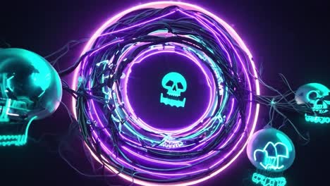 luces de neón brillantes con calaveras giratorias y calabazas crean un vibrante visual de halloween. perfecto para decoraciones espeluznantes o fondos digitales temáticos