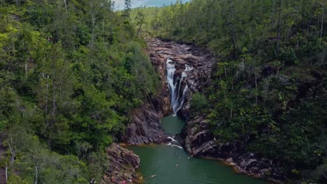 Aerial-over-Big-Rock-Falls-in-the-Mountain-Pine-Ridge-Forest-Reserve,-Belize