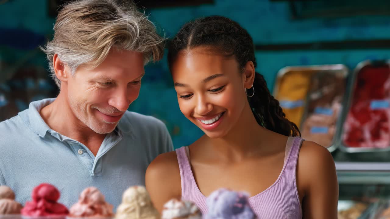 Un momento di gioia catturato tra un uomo e una giovane donna mentre esplorano una deliziosa gamma di colorati gusti di gelato in un vivace negozio di gelati pieno di dolci possibilità