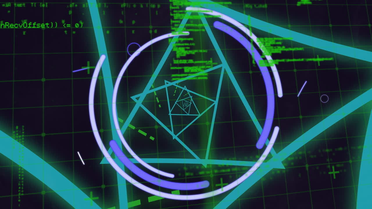 Geometric shapes and coding text animation over digital grid background
