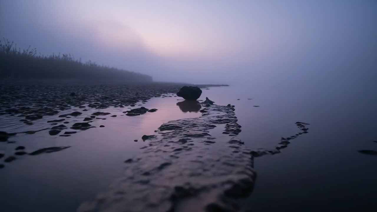 Moving low-angle camera showing mud ridge at foggy marsh, exposing solo rock under pink dawn