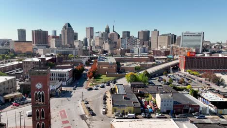 high-aerial-over-clock-tower-pushing-into-Baltimore-Skyline-backdrop