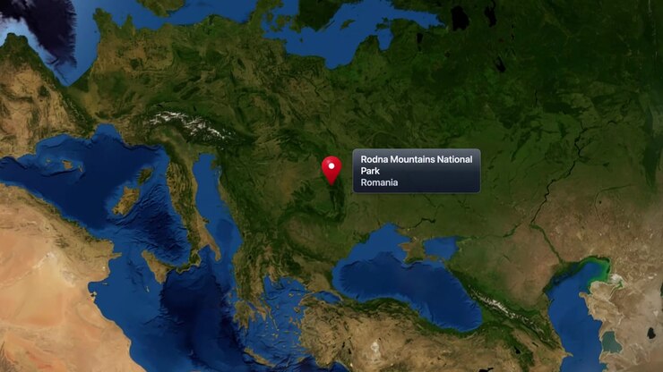Satellite zoom animation traveling from rotating planet Earth down to Rodna Mountains National Park, Romania. Includes NASA public domain imagery.