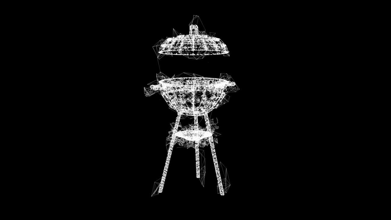 둥근 바베큐 그릴, 야외 bbq 파티, 와이어 프레임, 낮은 폴리 메쉬 기술