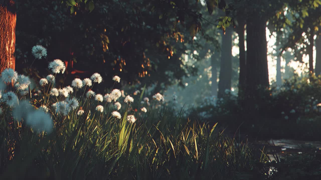Una serena scena della foresta illuminata da una soffice luce mattutina, con delicati soffioni e una vegetazione rigogliosa in un'atmosfera tranquilla.
