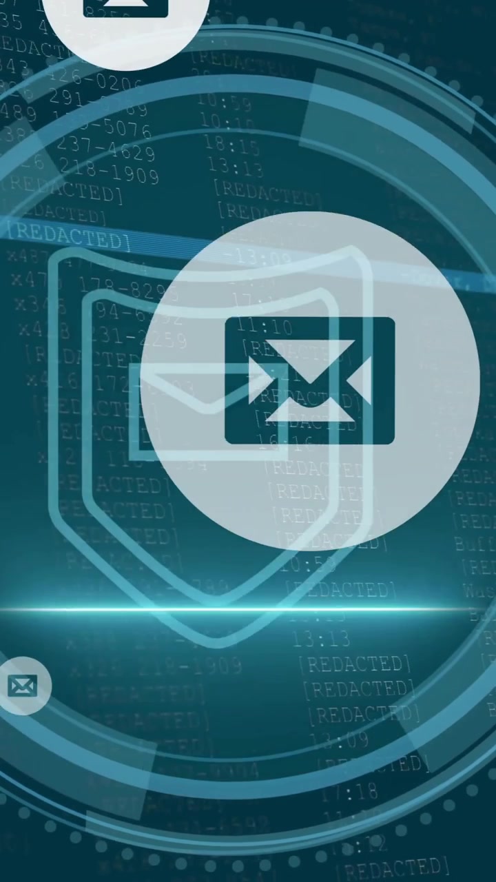 Animation of envelope icon in circles over cyber security, envelope and shield in loading circles