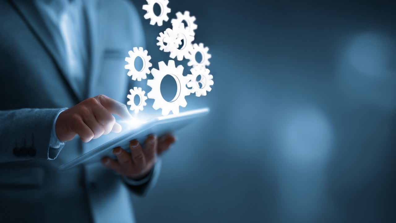 A Professional in a Suit Engaging with Interactive Digital Gears on a Tablet, Representing Innovation, Technology, and Business Solutions in a Modern Environment