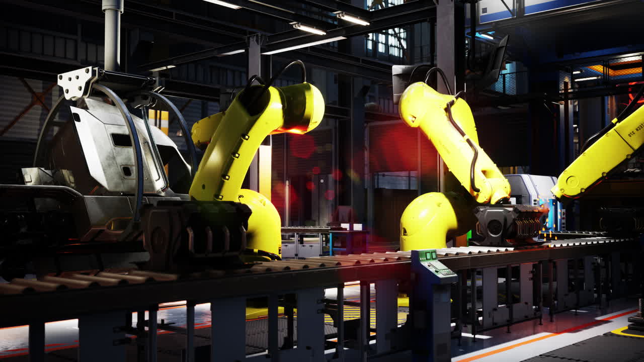 robots industriales en una línea de ensamblaje en una fábrica