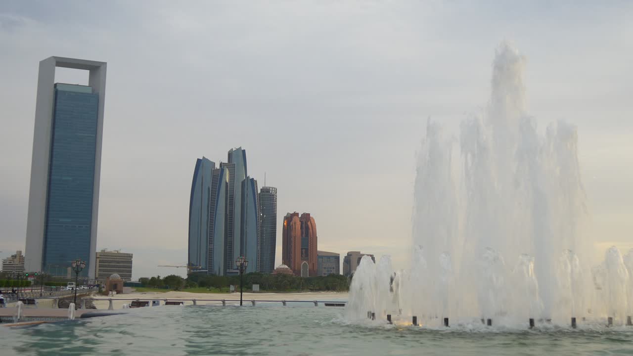 sunset abu dhabi marina fountain famous towers panorama 4k united arab emirates