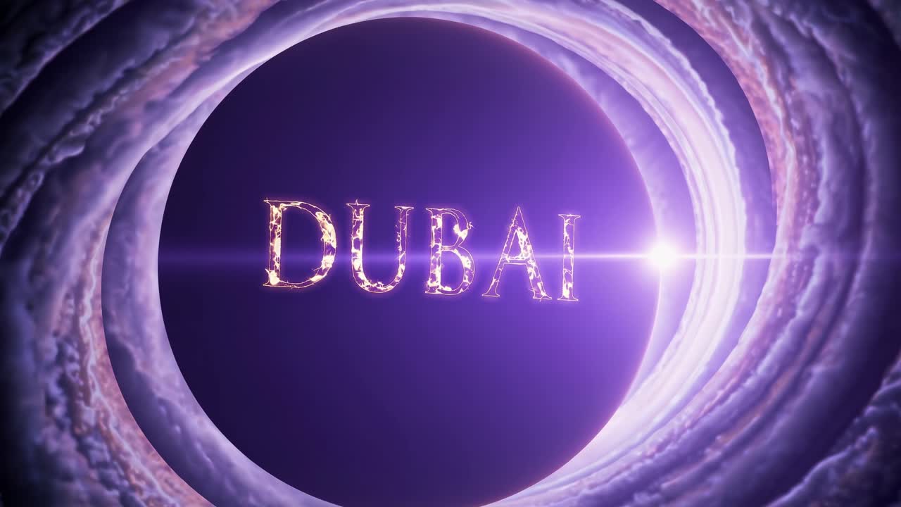 Golden Dubai typography encircled by lavender concentric cloud rings, featuring luminous lens flare highlighting metropolitan luxury and financial prominence of UAE