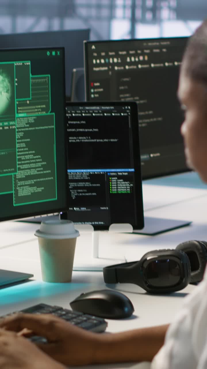 Vertical video Data center coworkers seeing security breach