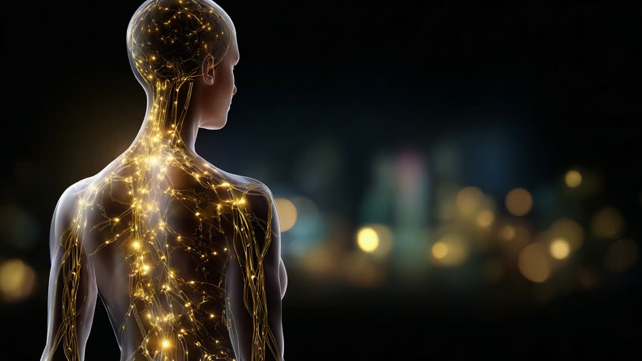 Una straordinaria visualizzazione del sistema nervoso umano, che mostra un'intricata rete di percorsi neurali e flusso di energia, illuminando la connessione tra mente e corpo con un accattivante tocco artistico