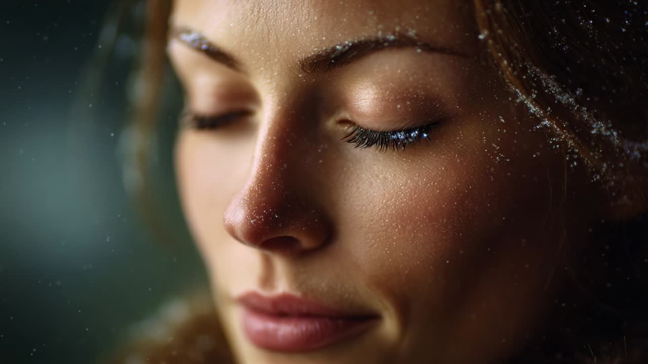 A Serene Winter Moment Captured, Featuring a Close-Up of a Woman with Delicate Features and Snowflakes Gently Accentuating Her Beauty, Evoking a Sense of Calm and Peace in a Winter Wonderland