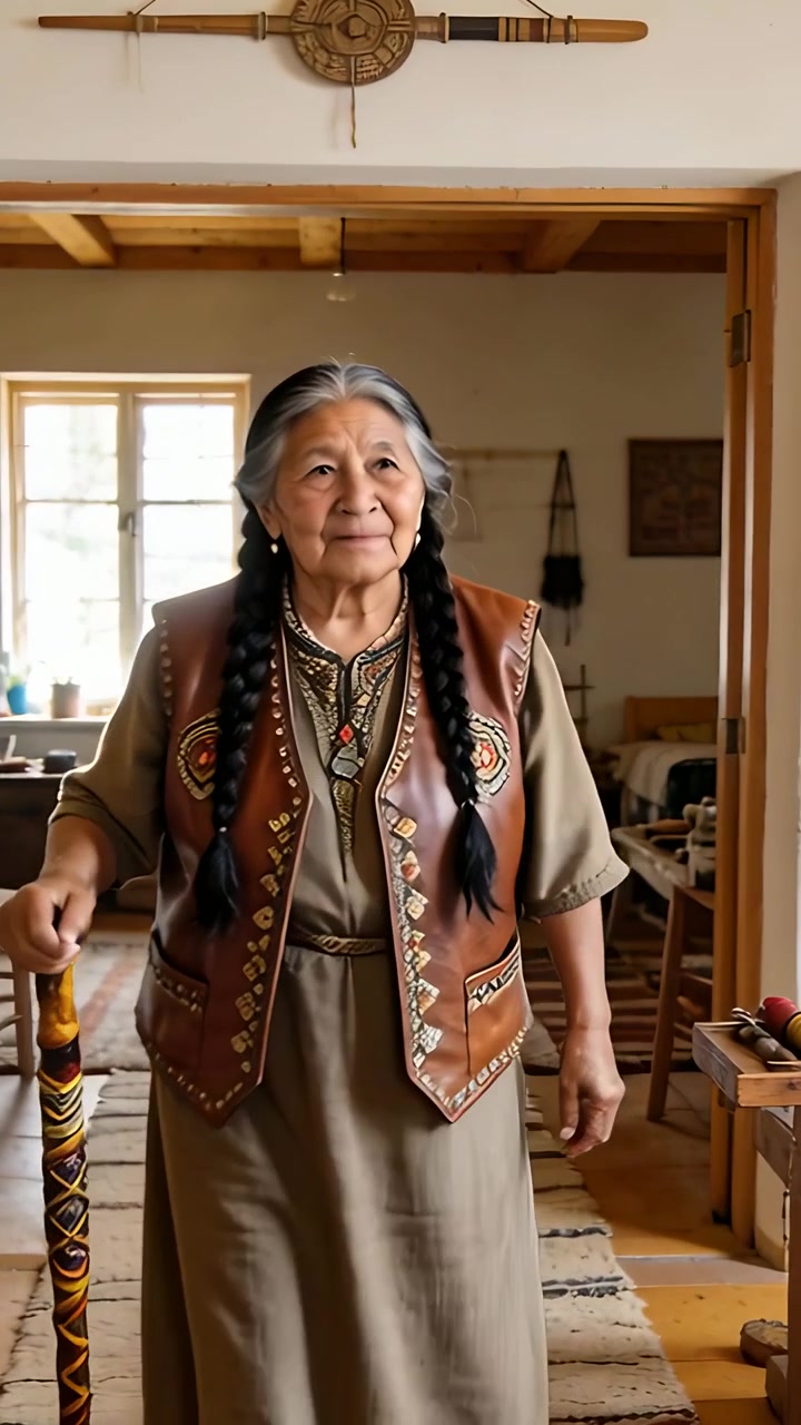 Vertical video: Entering Native woman wearing vest walking from door to camera at home using staff