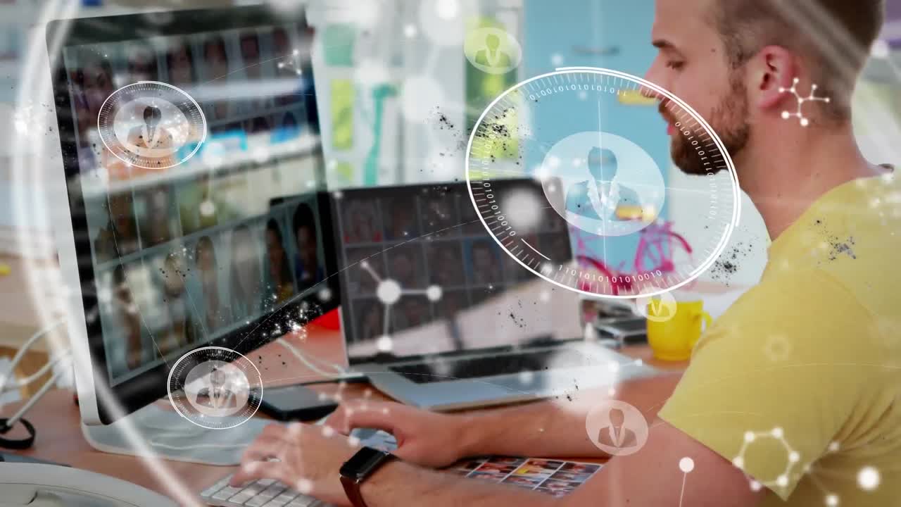 animación del procesamiento de datos digitales sobre el hombre de negocios en la oficina