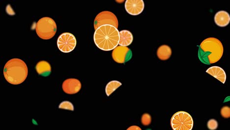 Oranges and slices falling on black backdrop