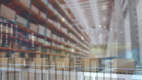 animación de estadísticas y procesamiento de datos sobre cajas de cartón en cinta transportadora