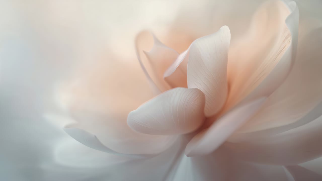 Mudança no foco da câmera, revelando a textura em uma única flor de pêssego pálido com suave bokeh de estúdio para detalhe