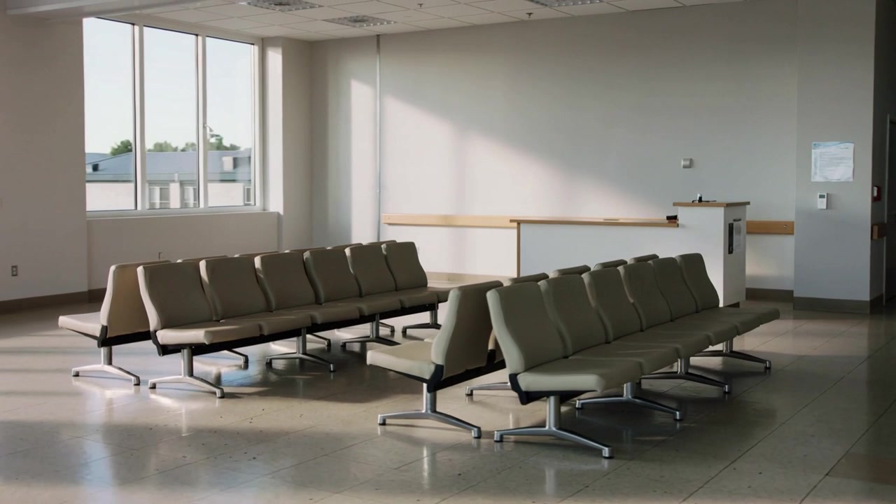 Panning camera revealing linked bench cluster shifting in clinic, with windows and reception podium
