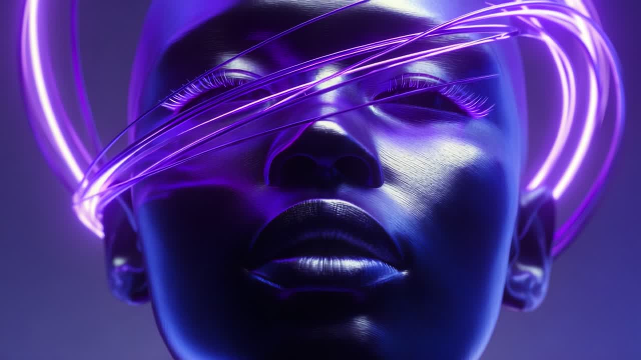 A mesmerizing digital art representation of a futuristic figure, featuring a glossy, metallic face complemented by a captivating array of neon purple light rings, creating an ethereal and otherworldly aesthetic