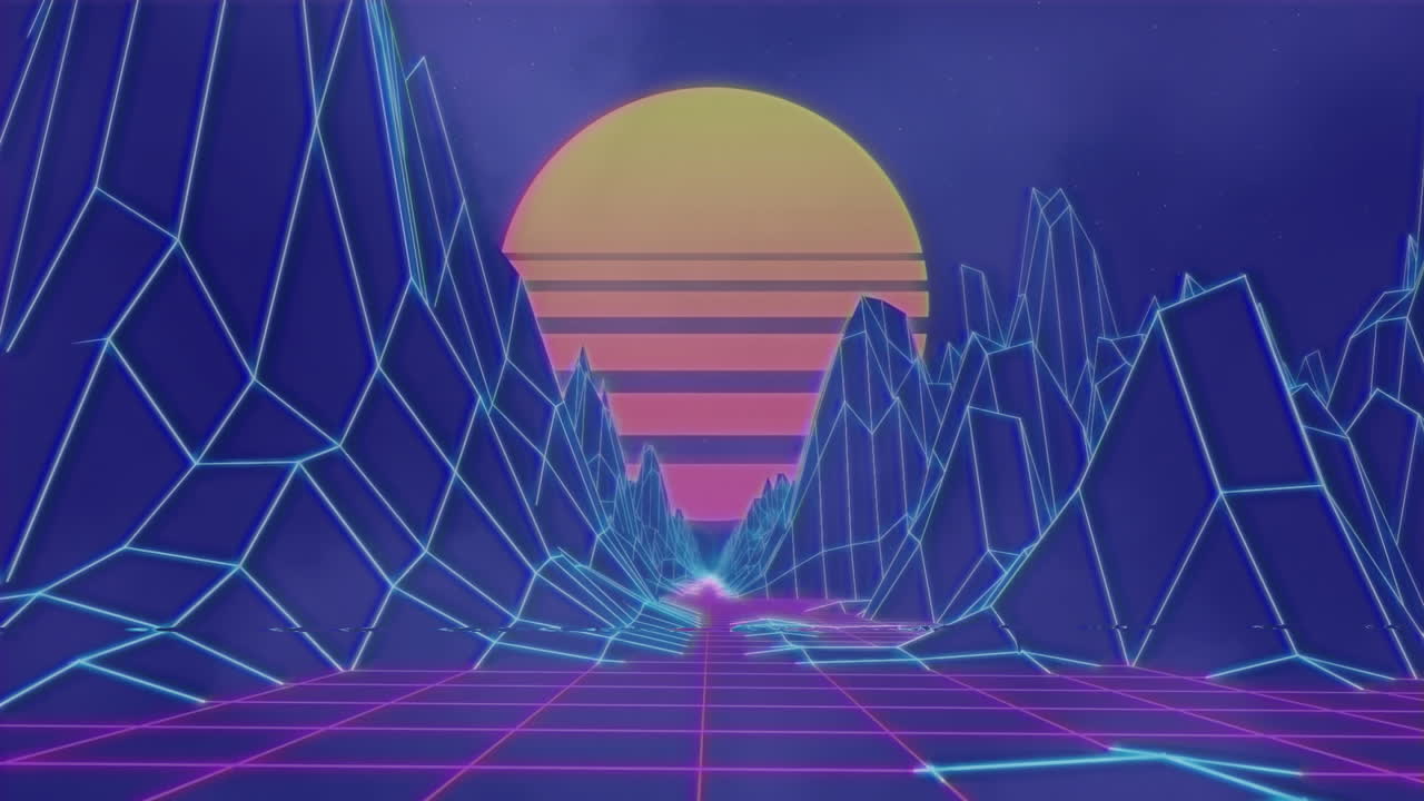 Animation of digital sun and mountains over dark clouds