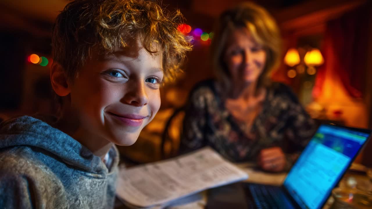 A Cherished Evening of Learning: A Boy Engaged with His Mother's Guidance in a Cozy, Warmly Lit Room Filled with Holiday Cheer and Shared Moments of Study