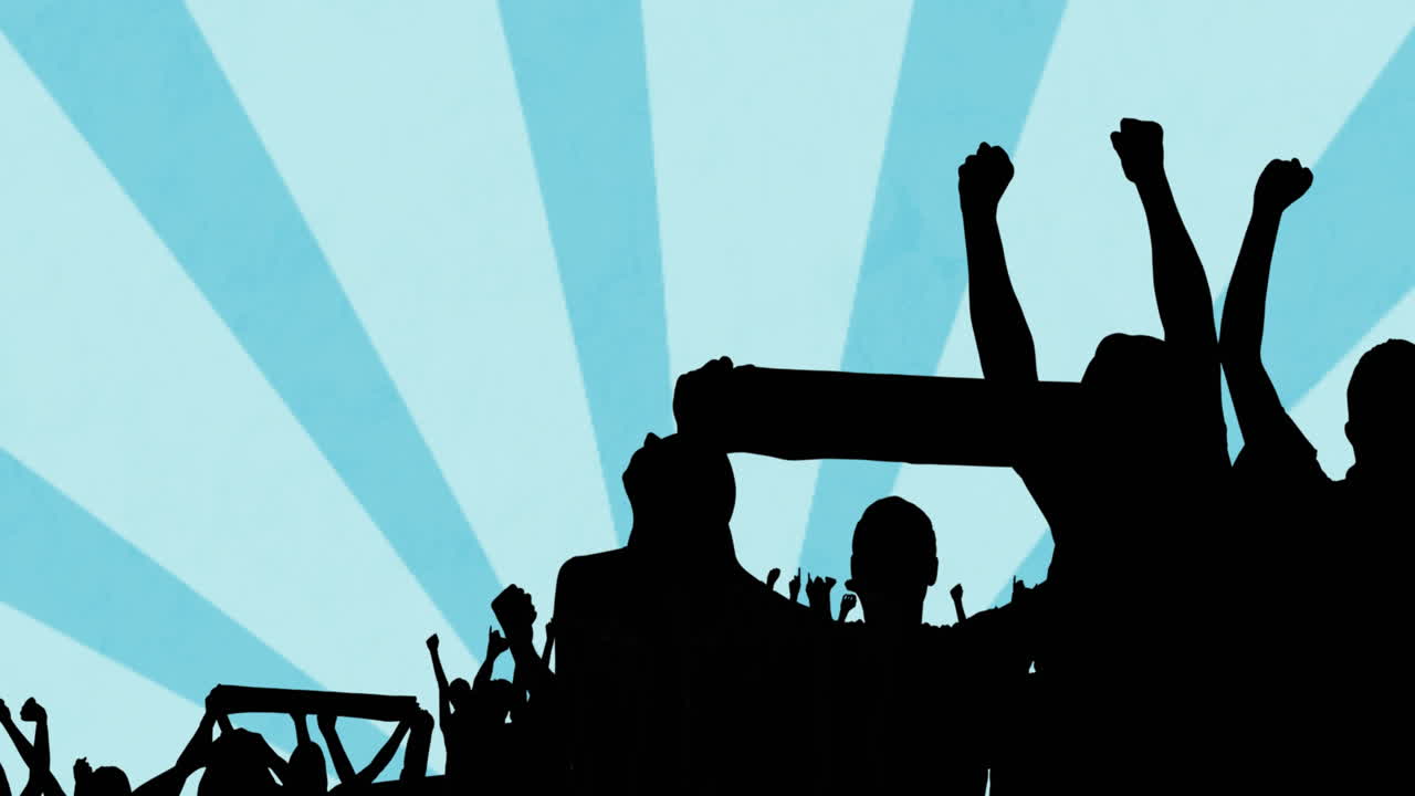 animación de siluetas de partidarios sobre formas en fondo azul.