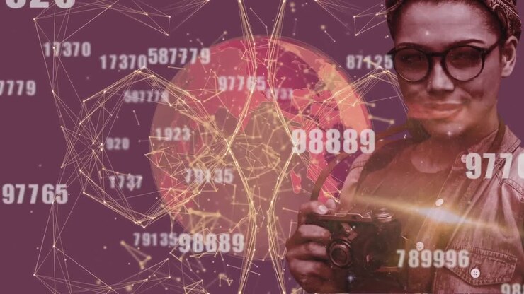Animation of numbers changing over globe with connections and female photographer