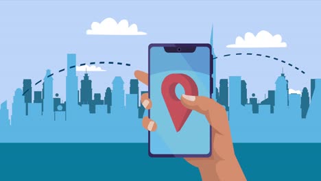mano usando el teléfono inteligente en la ciudad