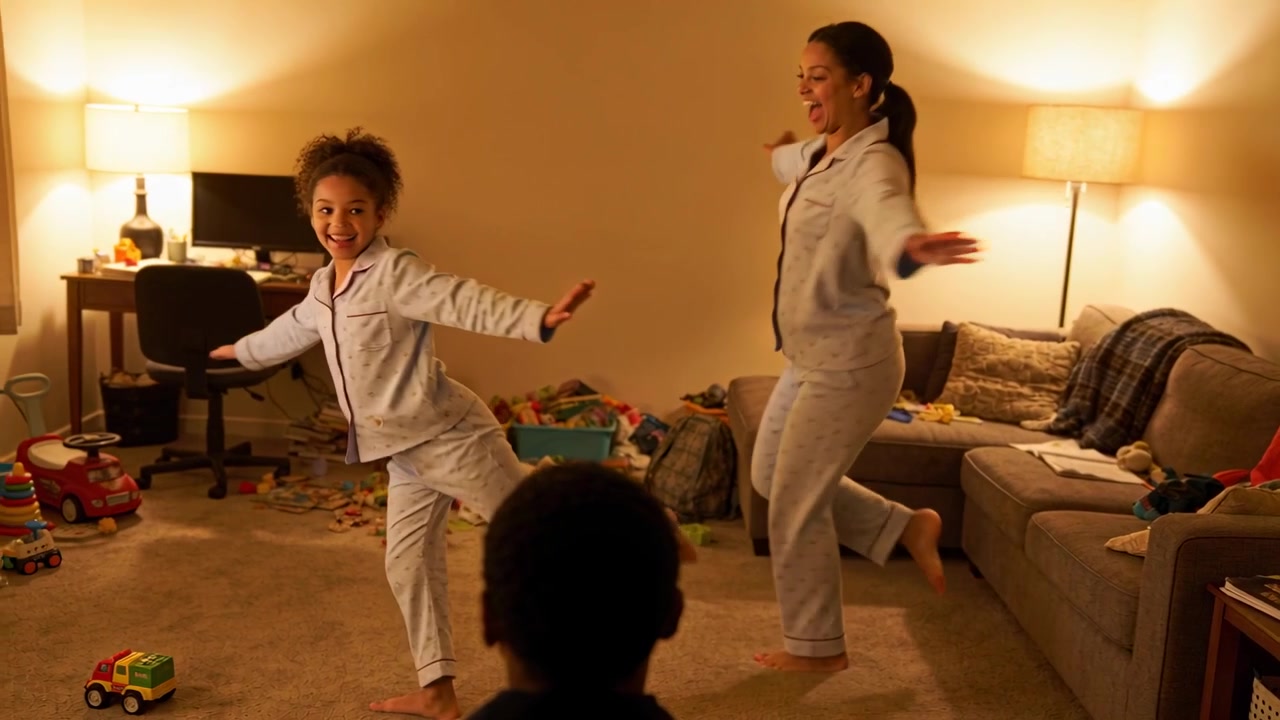 Noticing seated kid, mom and daughter in matching PJs dancing at home with toys to entertain