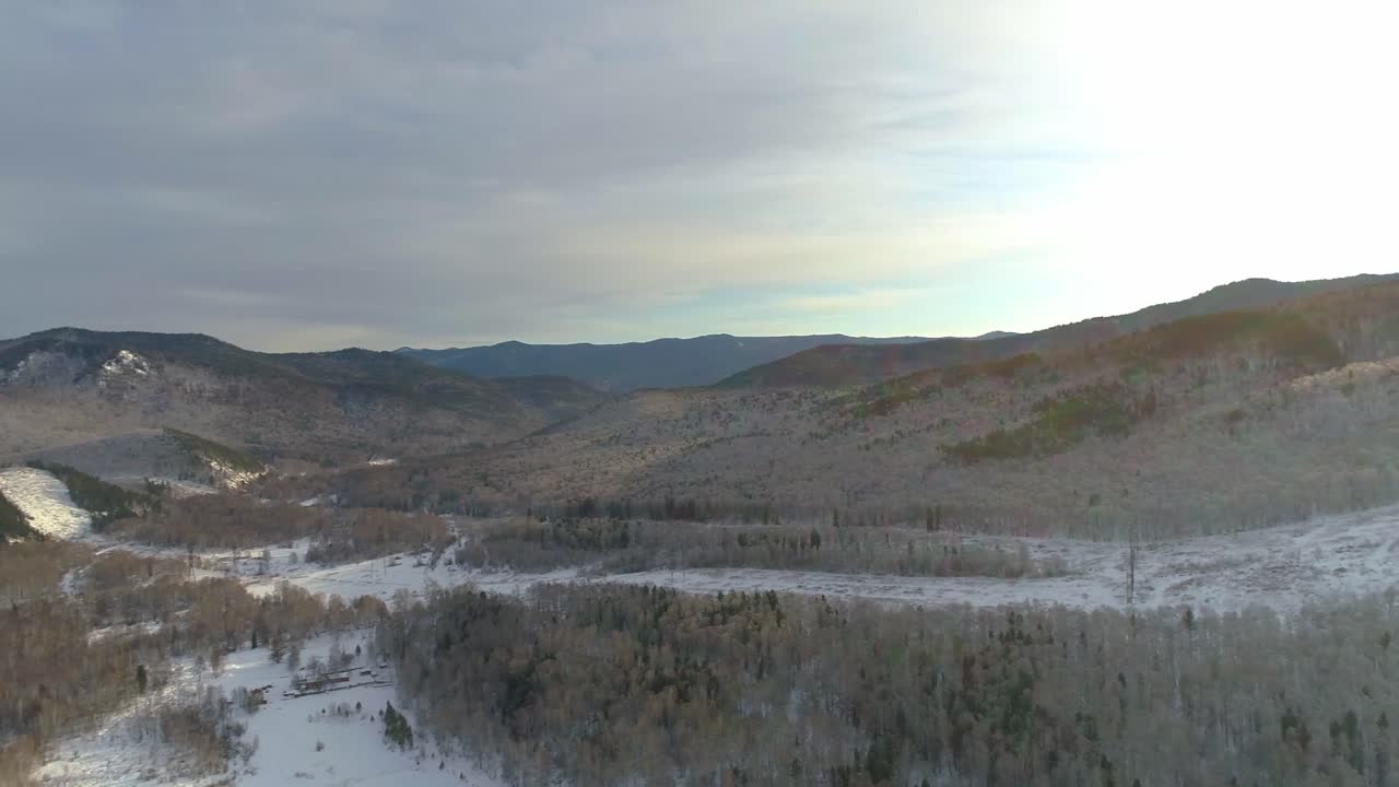 vista aérea de las montañas nevadas y el bosque