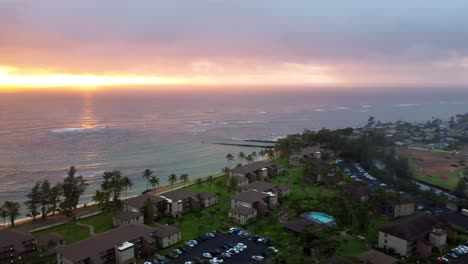 aerial view of tropical resort at sunset