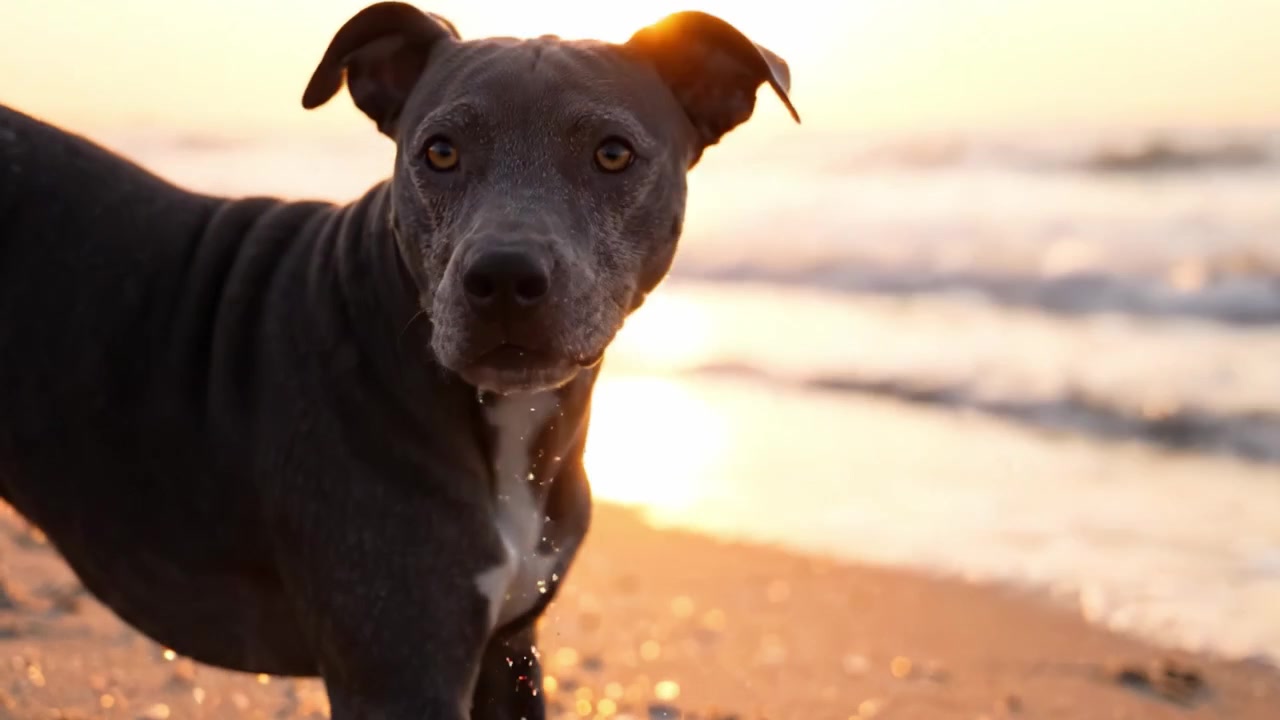 Un cane giocoso si gode il tramonto in spiaggia, catturando momenti di gioia mentre esplora il litorale sabbioso e gioca tra le dolci onde dell'oceano.