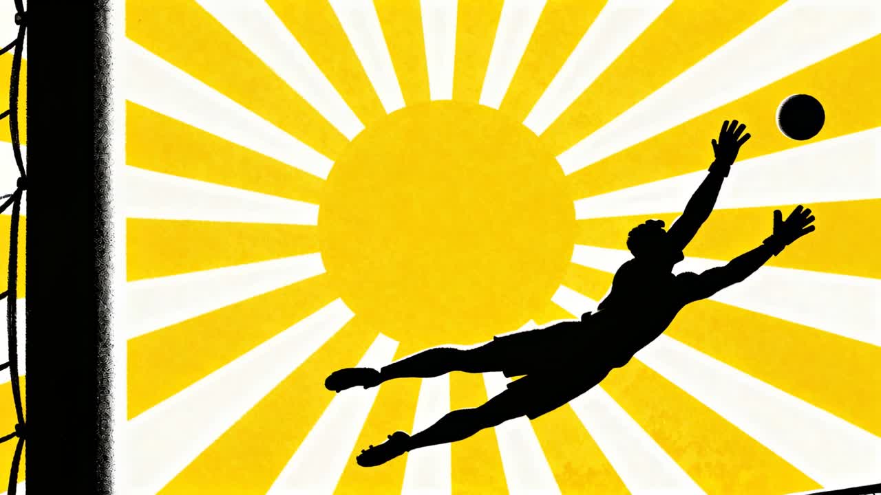 太陽光線の下、ネットの右を飛ぶボールをセーブしようと手を伸ばす、ユニフォーム姿のダイビングするキーパーのシルエット。ボールには届かない。