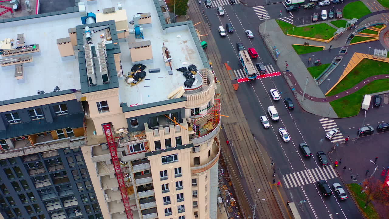 Architectural complex of residential building. Aerial view of apartment complex building in urban area