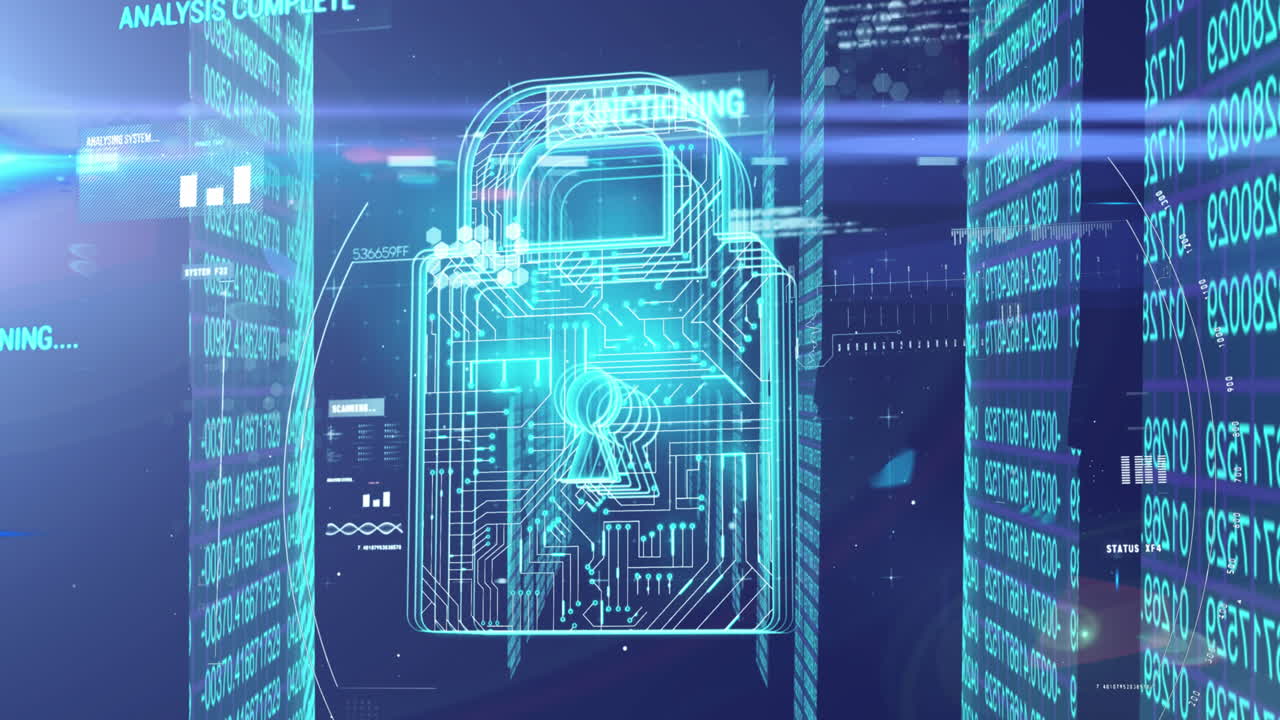 Animation of online security padlock and data processing