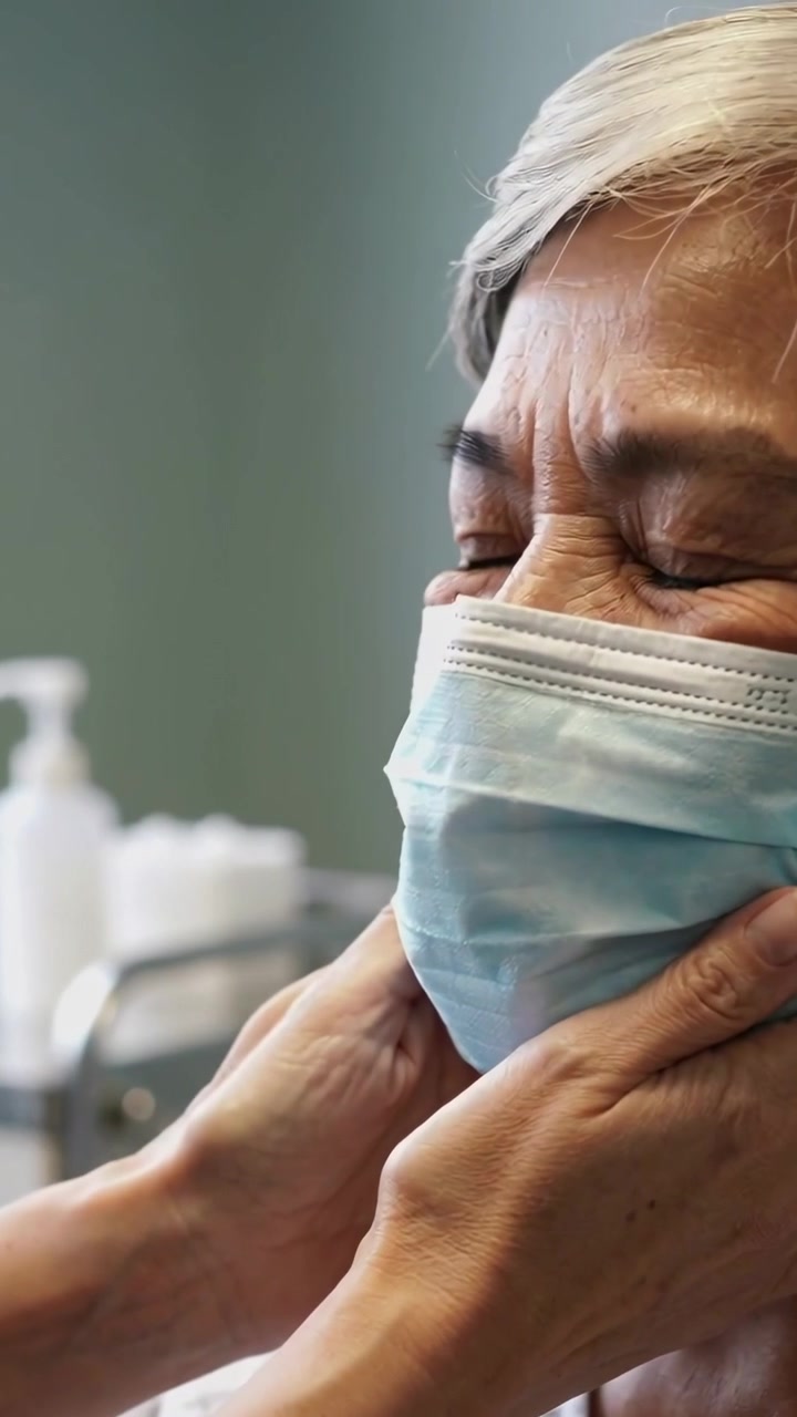 Video verticale: Infermiera che si muove applicando una maschera blu a un paziente in clinica, assicurandosi che sia ben aderente, con camice e spazio per il testo.