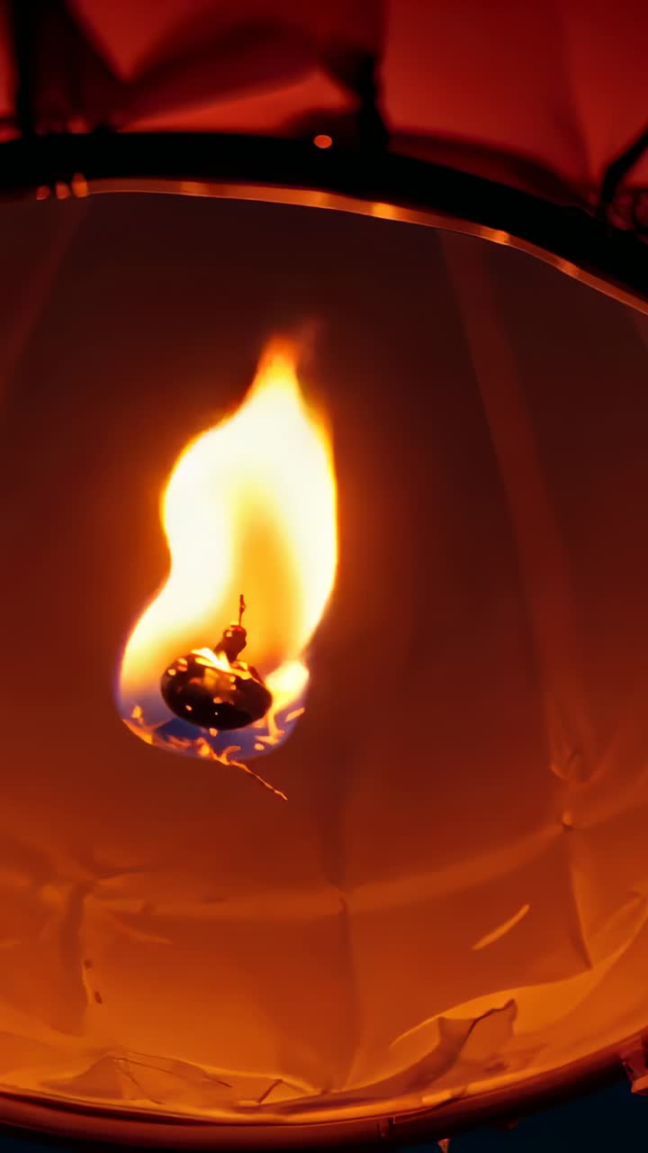 Vertical video: Igniting wick sending flame upward inside hanging paper lantern, with fuel bead