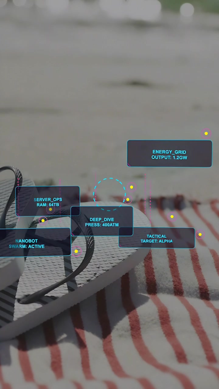 Vertical video: HUD activating, AR interface scanning towel and sandal, displaying tech readouts