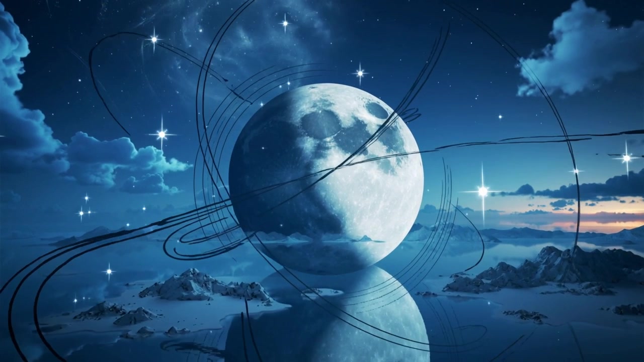 Starting orbital lines from left guiding luminous moon centering over calm water, rings spiraling