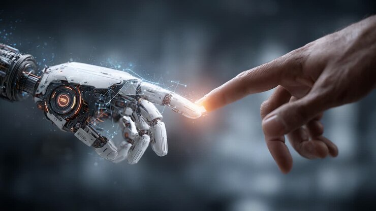 L'intersezione tra umanità e tecnologia: un momento straordinario in cui un dito umano incontra una mano robotica futuristica, a simboleggiare la connessione e l'innovazione nell'era digitale