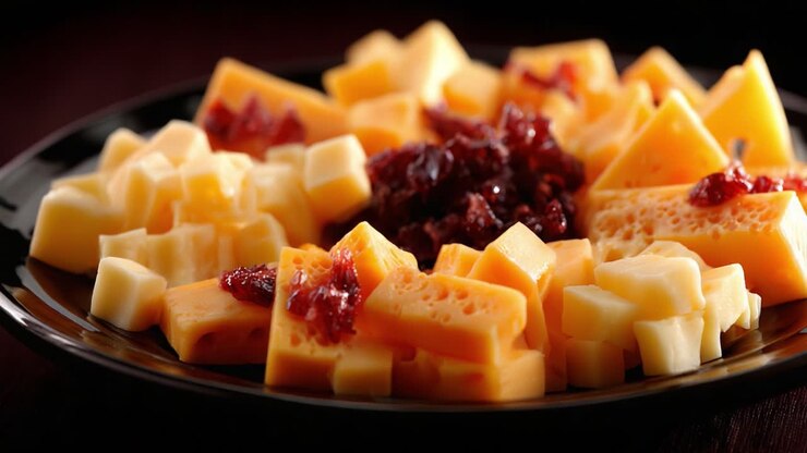 Un piatto di formaggi assortiti splendidamente disposto, accompagnato da una dolce composta di frutta, perfetto per delizie culinarie e per intrattenere gli ospiti