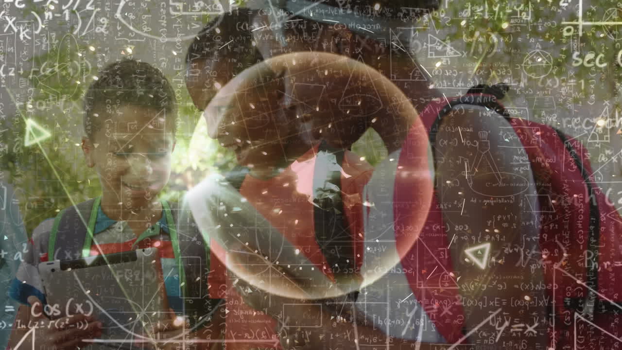 animación de fórmulas matemáticas en movimiento y procesamiento de datos sobre niños que usan teléfonos inteligentes