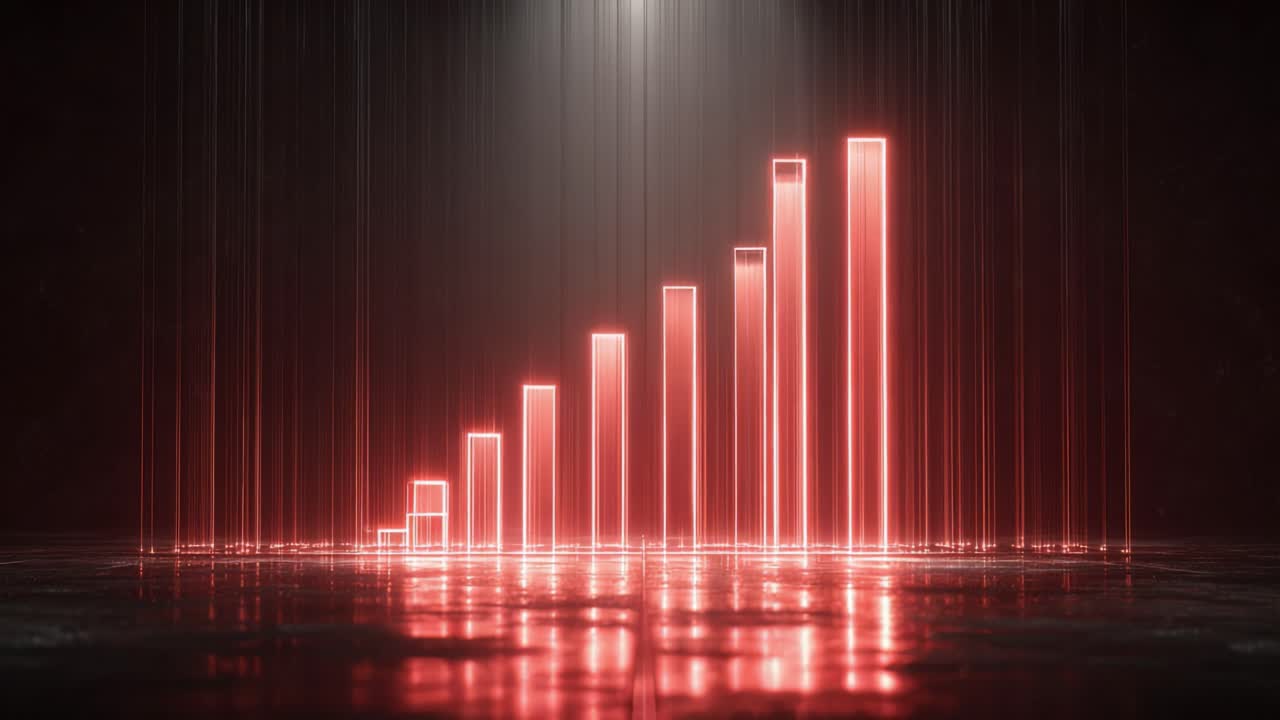 Glowing red neon bars forming an ascending chart in a dark, futuristic environment with reflections on the floor, visualizing financial growth, data analysis, and business success statistics