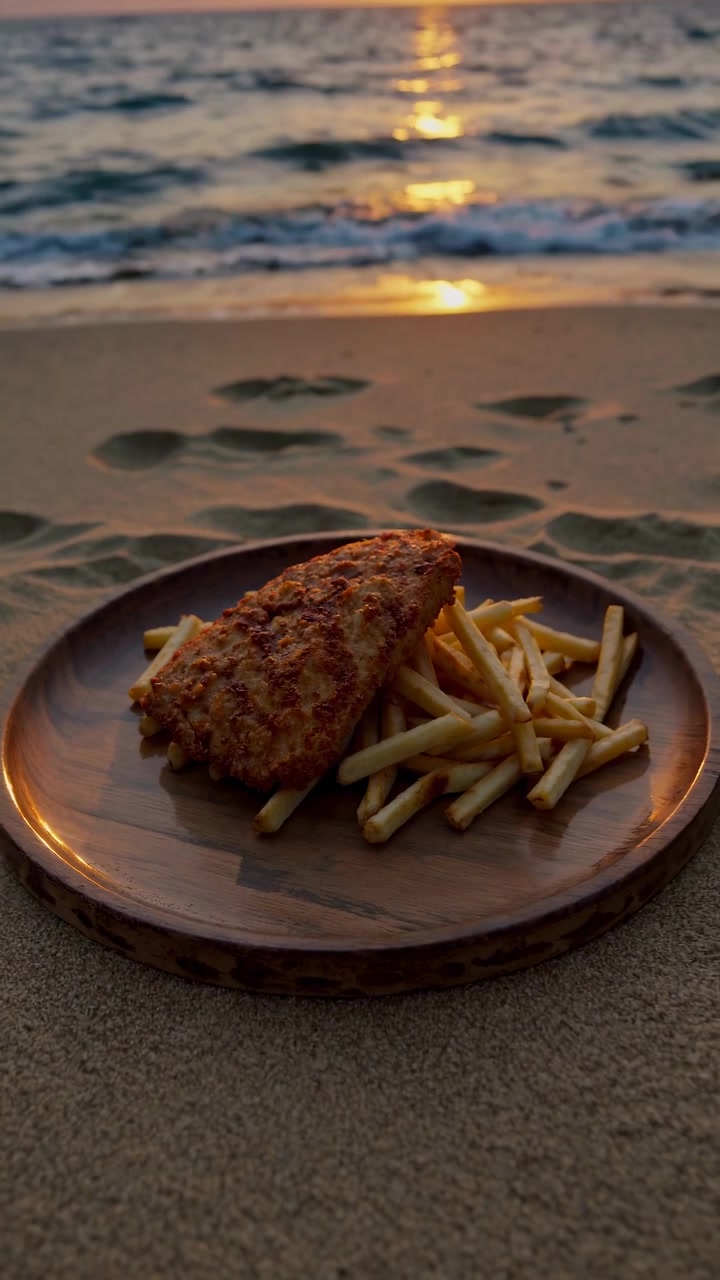 Pesce fritto e patatine fritte su un piatto di legno su una spiaggia al tramonto
