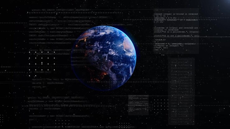 Earth code digital technology background with realistic globe programming panels data numbers and